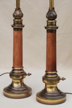 catalog photo of pair mid-century vintage Stiffel lamps, solid brass & wood lamps w/ three way switch