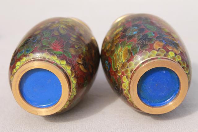 photo of pair miniature Chinese wood stands w/ enameled brass vases, cloisonne or champleve #7