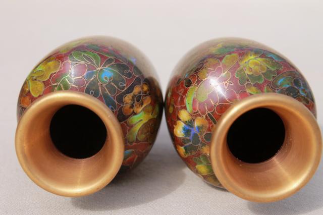 photo of pair miniature Chinese wood stands w/ enameled brass vases, cloisonne or champleve #8