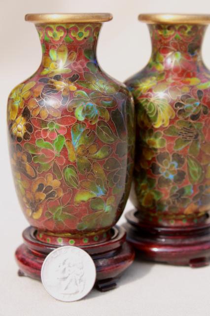 photo of pair miniature Chinese wood stands w/ enameled brass vases, cloisonne or champleve #10