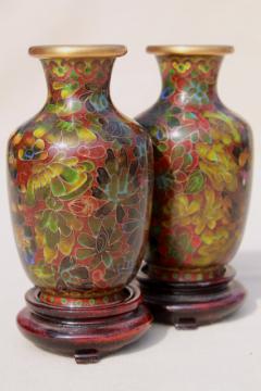 catalog photo of pair miniature Chinese wood stands w/ enameled brass vases, cloisonne or champleve