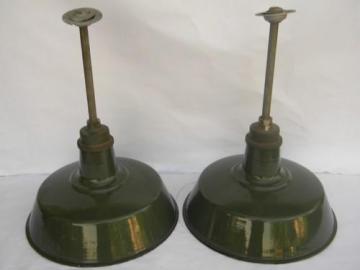 catalog photo of pair of 18'' industrial vintage barn / stable pendant lights w/green & white shades