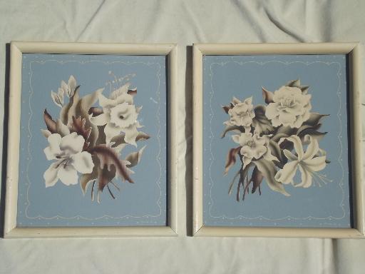 photo of pair of 40s vintage Turner floral prints, shabby cottage flower pictures #1