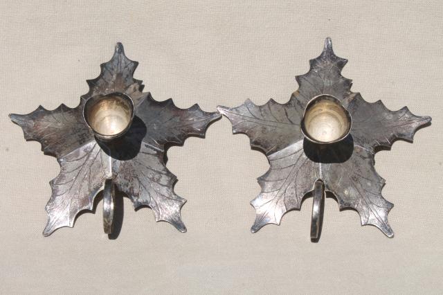 photo of pair of Christmas candlesticks, silver plate brass holly finger ring candle holders  #5