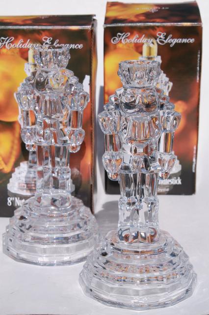 photo of pair of Christmas nutcracker tall glass candlesticks, holiday crystal elegance #1