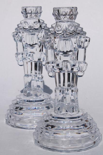 photo of pair of Christmas nutcracker tall glass candlesticks, holiday crystal elegance #2