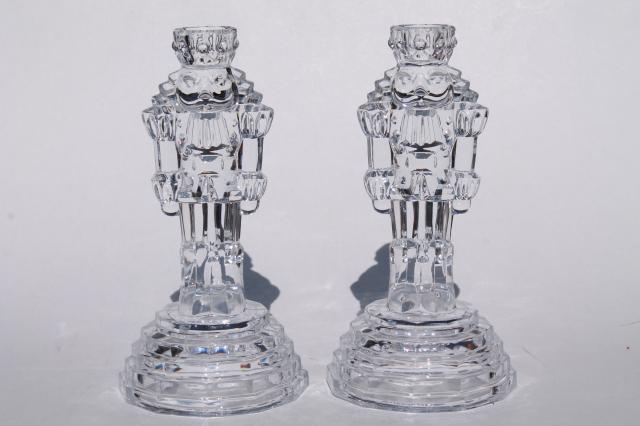 photo of pair of Christmas nutcracker tall glass candlesticks, holiday crystal elegance #3