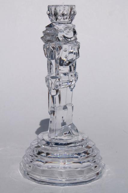 photo of pair of Christmas nutcracker tall glass candlesticks, holiday crystal elegance #4