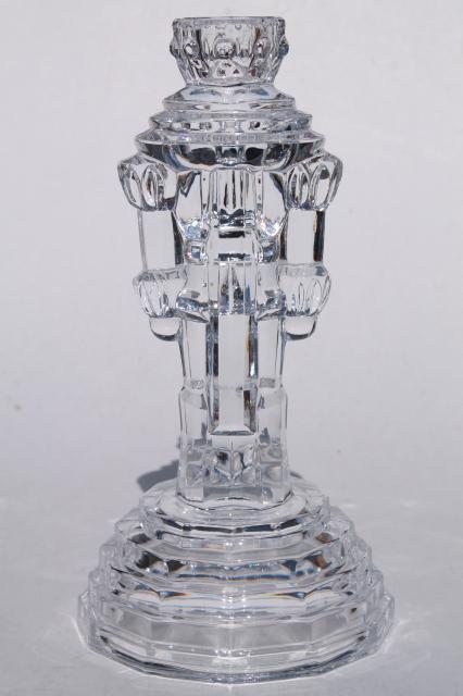 photo of pair of Christmas nutcracker tall glass candlesticks, holiday crystal elegance #5