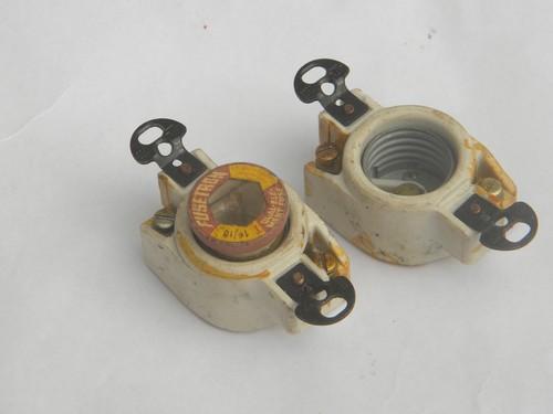 photo of pair of Mazda vintage ceramic porcelain Edison lamp socket or fuse holders #1