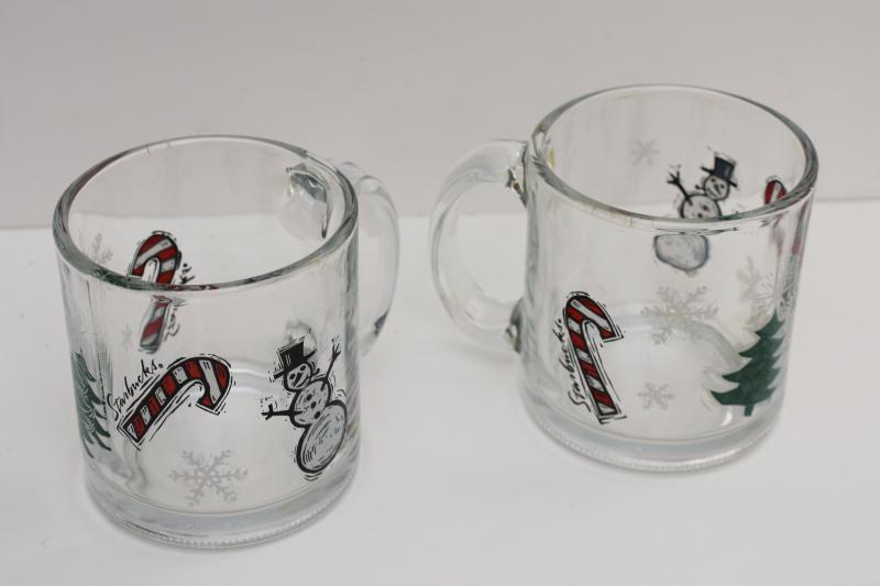 photo of pair of Starbucks glass coffee mugs w/ Christmas tree, snowman, candy canes  #1