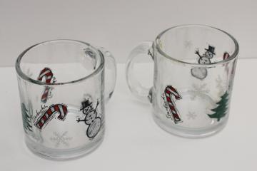 catalog photo of pair of Starbucks glass coffee mugs w/ Christmas tree, snowman, candy canes 