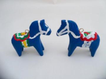 catalog photo of pair of Swedish Dala style, hand painted folk art wood horses, handmade in Wisconsin