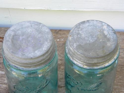 photo of pair of antique Ball Mason 1 pint blue glass canning jars w/zinc lids #2