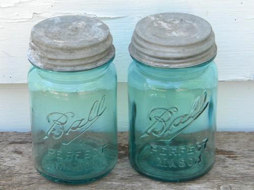 photo of pair of antique Ball Perfect Mason 1 pint aqua blue fruit jars w/lids #1