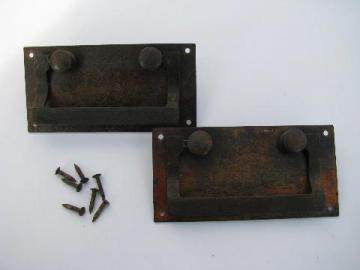 catalog photo of pair of antique art and crafts mission drawer drop handle pulls with hammered nails, vintage hardware