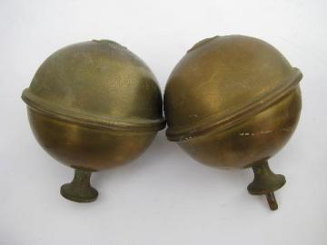 catalog photo of pair of antique brass architectural ball finials, old brass bed knobs