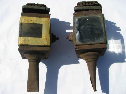 photo of pair of antique carriage lantern lamps for restoration or parts. #1
