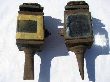 catalog photo of pair of antique carriage lantern lamps for restoration or parts.