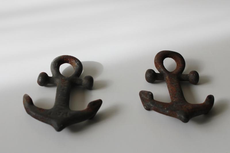 photo of pair of antique cast iron hammock anchors w/ 1880s patent date, tiny ship anchor shape #1