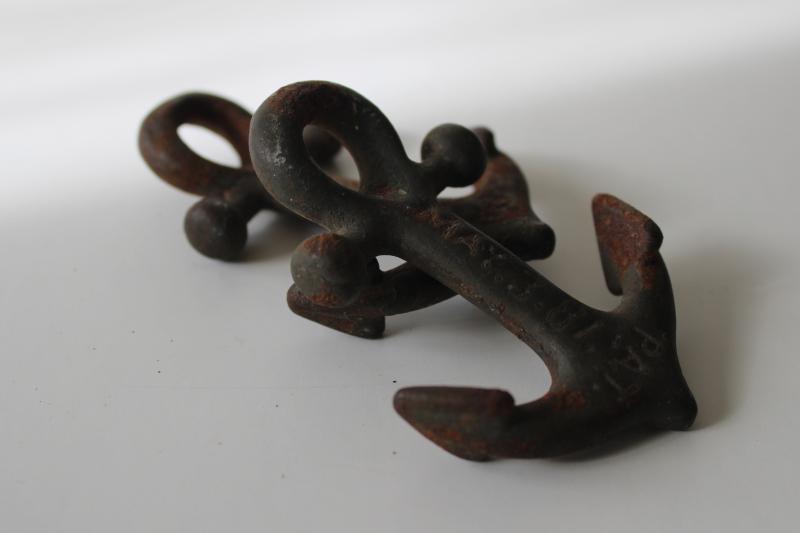 photo of pair of antique cast iron hammock anchors w/ 1880s patent date, tiny ship anchor shape #3