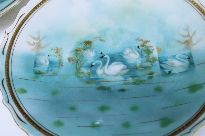 photo of pair of antique china plates, white swans on aqua lake, late 1800s Germany porcelain  #2
