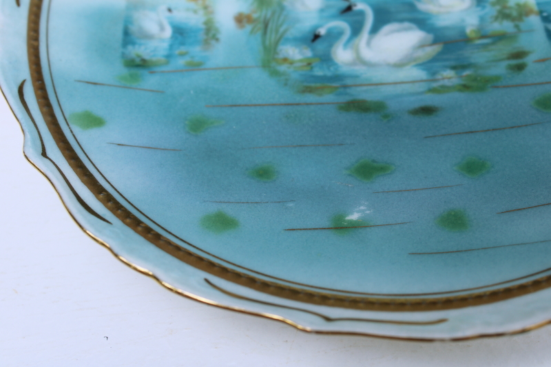 photo of pair of antique china plates, white swans on aqua lake, late 1800s Germany porcelain  #3