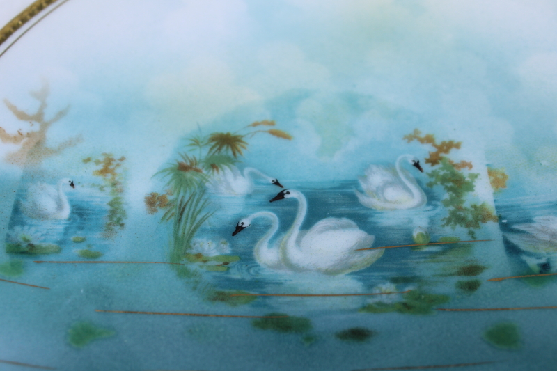 photo of pair of antique china plates, white swans on aqua lake, late 1800s Germany porcelain  #4