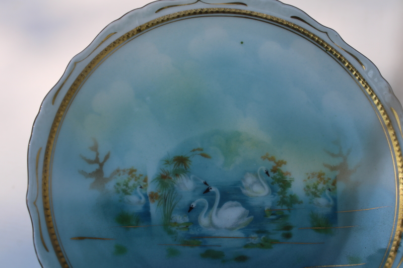photo of pair of antique china plates, white swans on aqua lake, late 1800s Germany porcelain  #5