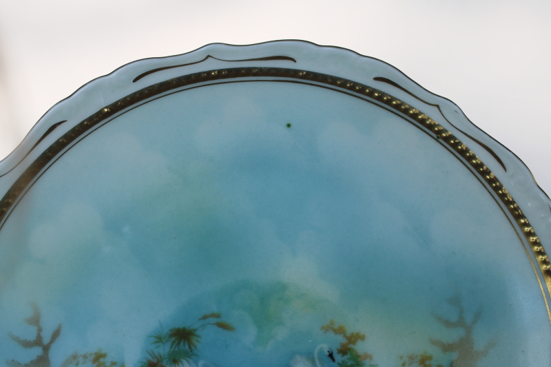 photo of pair of antique china plates, white swans on aqua lake, late 1800s Germany porcelain  #6