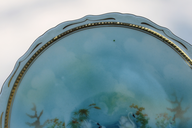 photo of pair of antique china plates, white swans on aqua lake, late 1800s Germany porcelain  #7