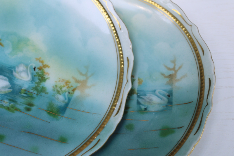photo of pair of antique china plates, white swans on aqua lake, late 1800s Germany porcelain  #9