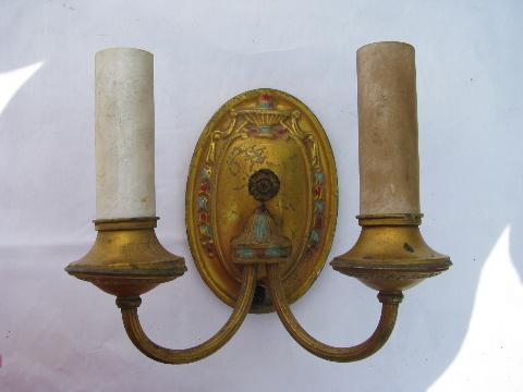 photo of pair of antique electric branched wall sconces, vintage brass sconce lamps #2