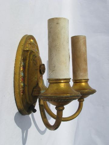 photo of pair of antique electric branched wall sconces, vintage brass sconce lamps #3