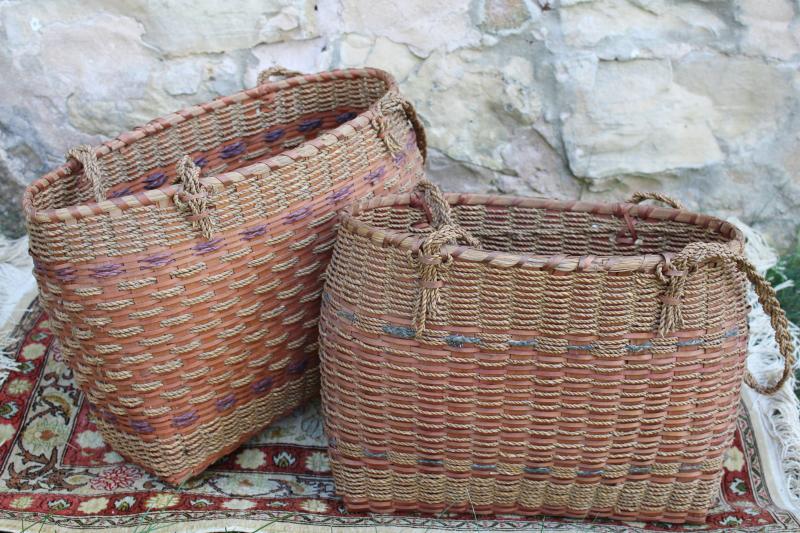 photo of pair of antique market baskets, 1920s 30s vintage hemp rope woven totes #1