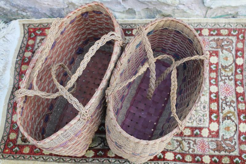 photo of pair of antique market baskets, 1920s 30s vintage hemp rope woven totes #2