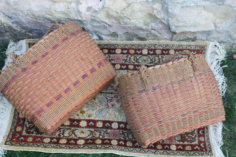 photo of pair of antique market baskets, 1920s 30s vintage hemp rope woven totes #3