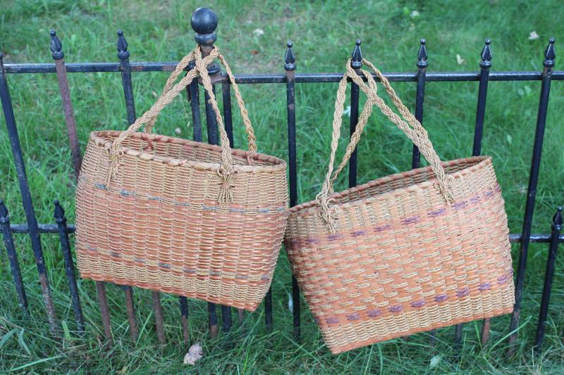 photo of pair of antique market baskets, 1920s 30s vintage hemp rope woven totes #4