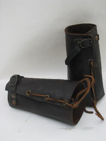 pair of antique vintage leather archery bracers/wrist guards w/copper ...