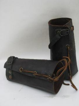 catalog photo of pair of antique vintage leather archery bracers/wrist guards w/copper rivets