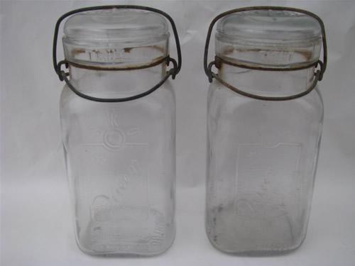 photo of pair of antique vintage square glass Queen fruit jars w/ lightening lids #1