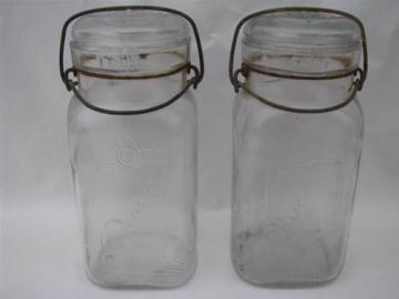 catalog photo of pair of antique vintage square glass Queen fruit jars w/ lightening lids