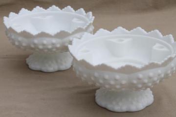 catalog photo of pair of candle / flower bowls, vintage Fenton hobnail milk glass centerpieces