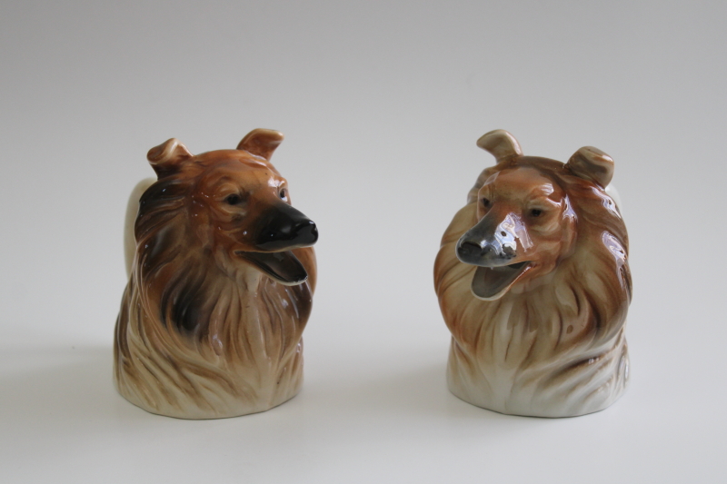photo of pair of collie dogs Toby mug style pitchers, vintage Japan hand painted ceramic creamers #1