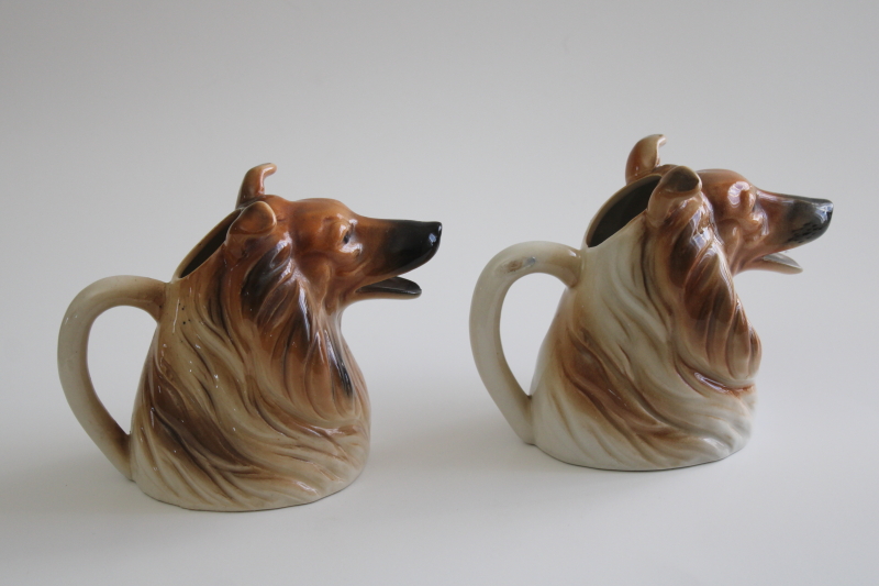 photo of pair of collie dogs Toby mug style pitchers, vintage Japan hand painted ceramic creamers #2