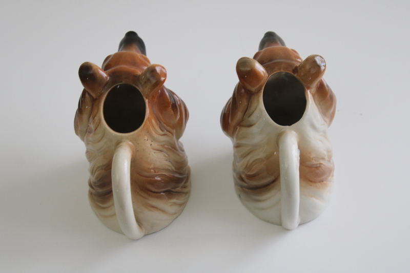 photo of pair of collie dogs Toby mug style pitchers, vintage Japan hand painted ceramic creamers #4