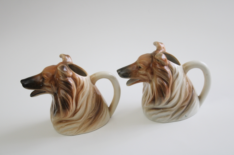 photo of pair of collie dogs Toby mug style pitchers, vintage Japan hand painted ceramic creamers #6