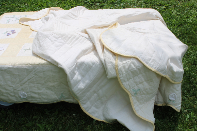 photo of pair of cottage garden flower bedspreads, crochet lace applique floral blocks yellow & white quilted cotton  #2