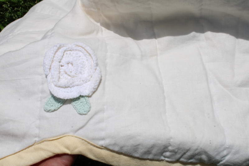 photo of pair of cottage garden flower bedspreads, crochet lace applique floral blocks yellow & white quilted cotton  #3