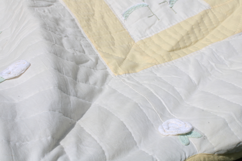 photo of pair of cottage garden flower bedspreads, crochet lace applique floral blocks yellow & white quilted cotton  #5
